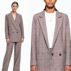 GANNI Blazer Hewitt Plaid Pink Double Breasted Blazer Jacket Size 36